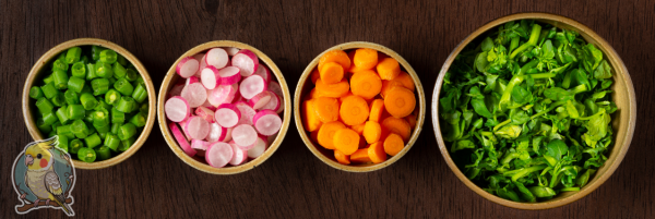 DIY chop for birds image includes various diced vegetables in small ramekins